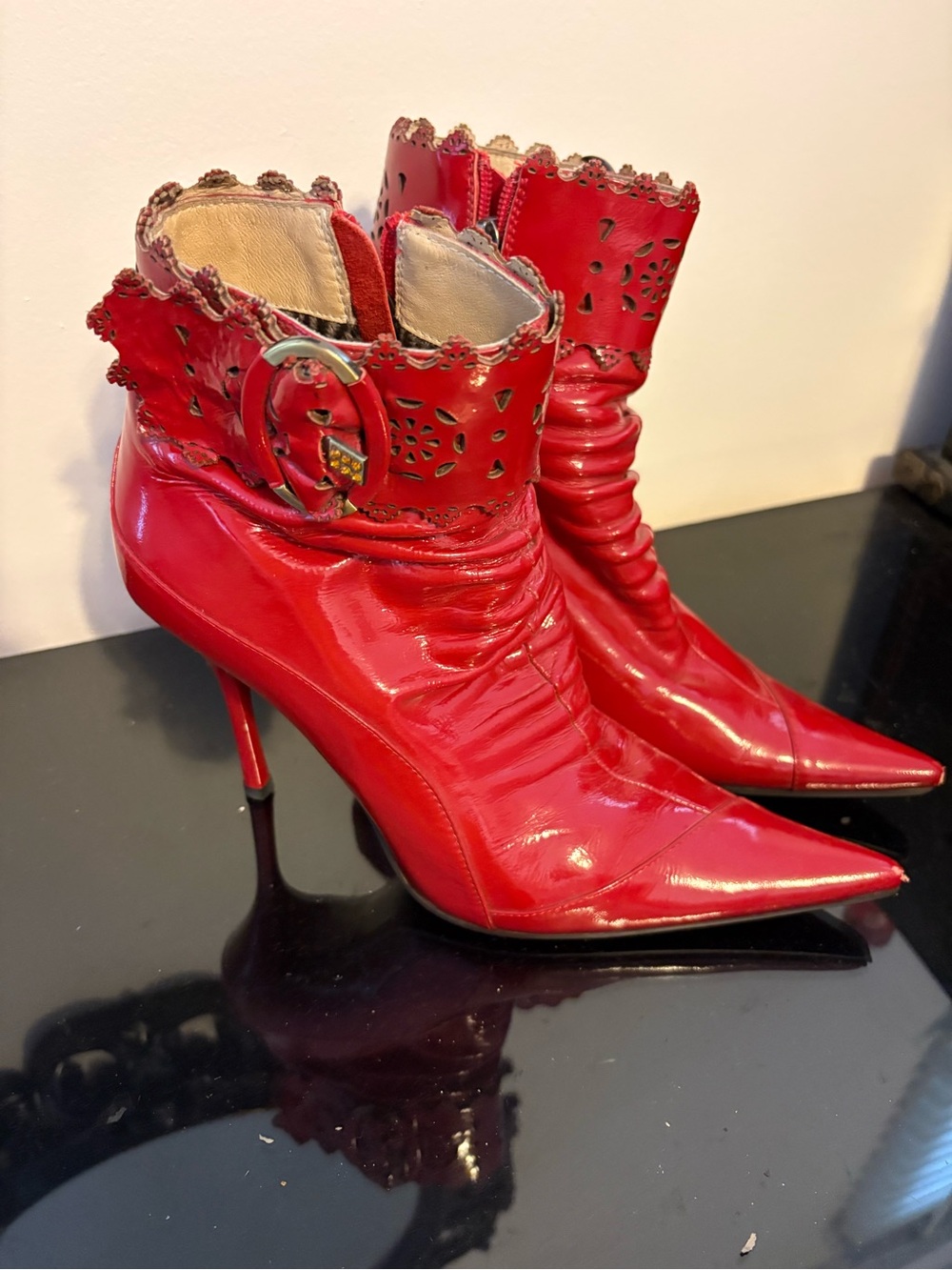 Red Patent Leather Pointed Toe Ankle Boots - Women